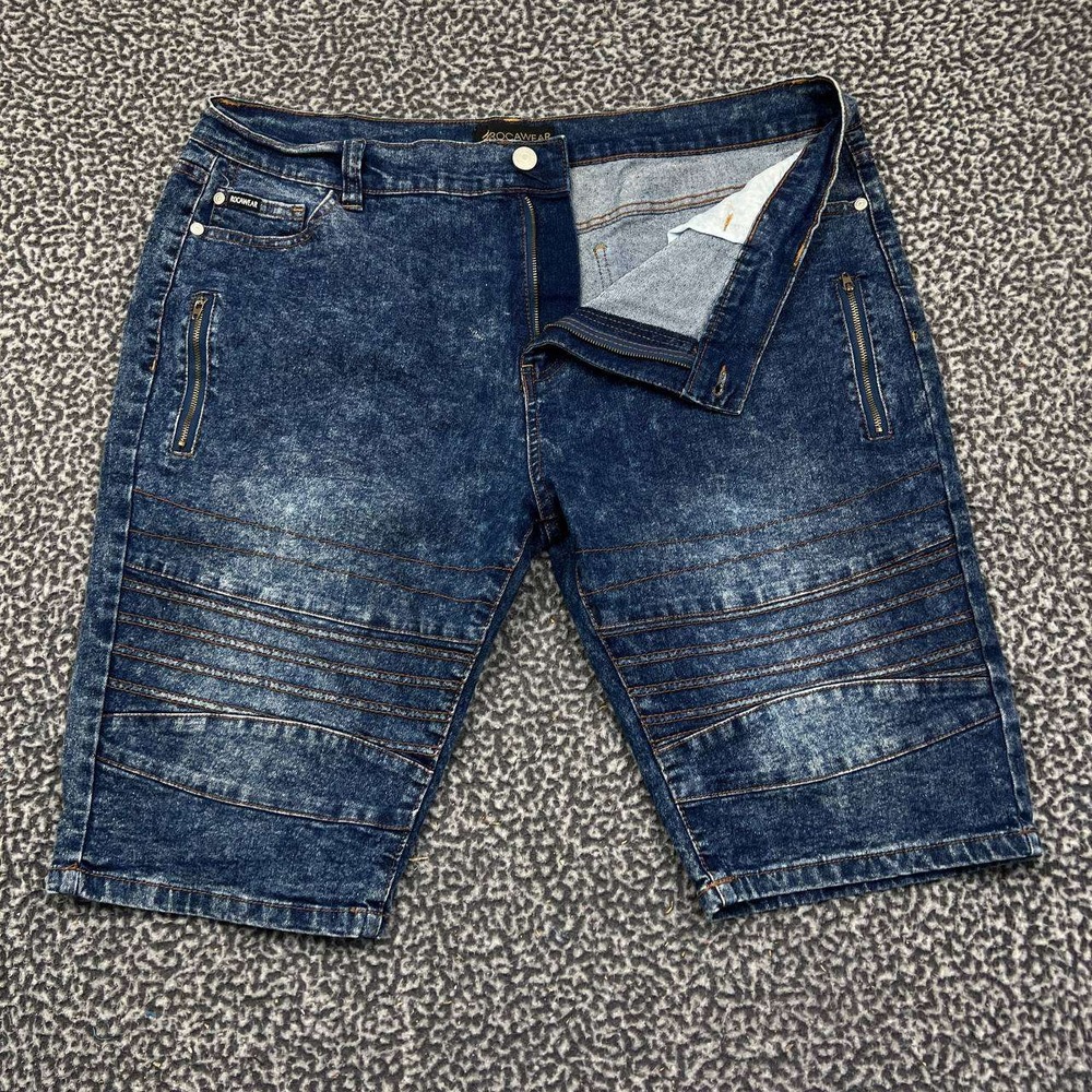 Rocawear Shorts Men 40W Moto Jeans‎ Stretch Faded Denim Blue Outdoor Pockets Y2K